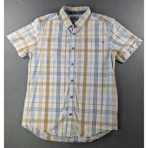 Rusty Mens Plaid Short Sleeve Button Up Shirt Medium White Blue Tan